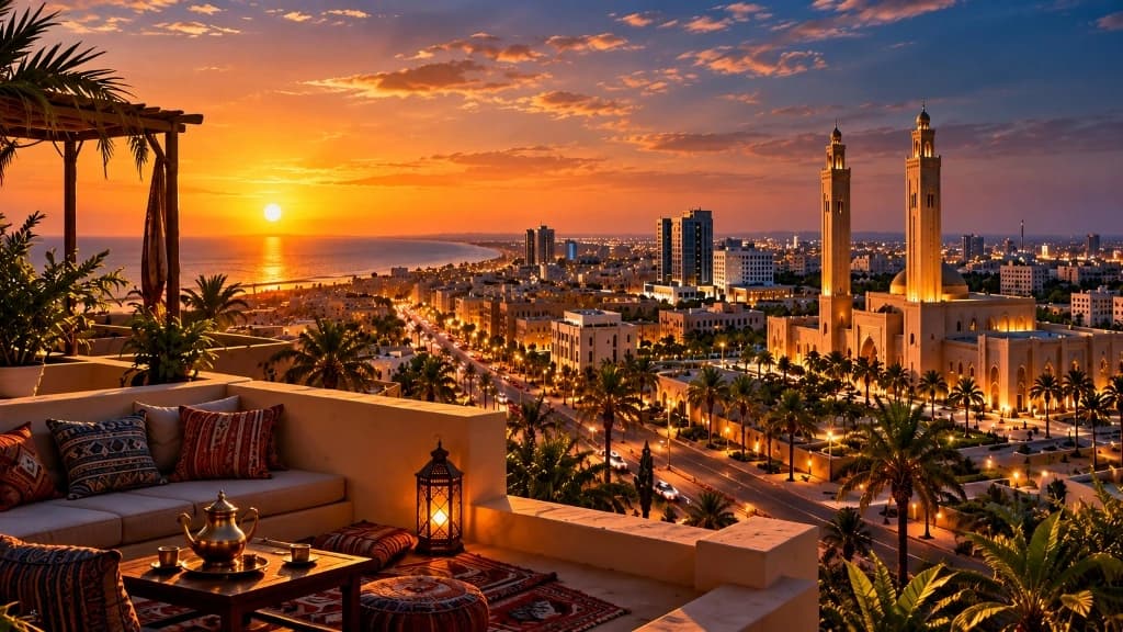 مشهد مدينة ساحلية ومسجد تاريخي عند الغروب تم توليده باستوديو الصور في MauriAI